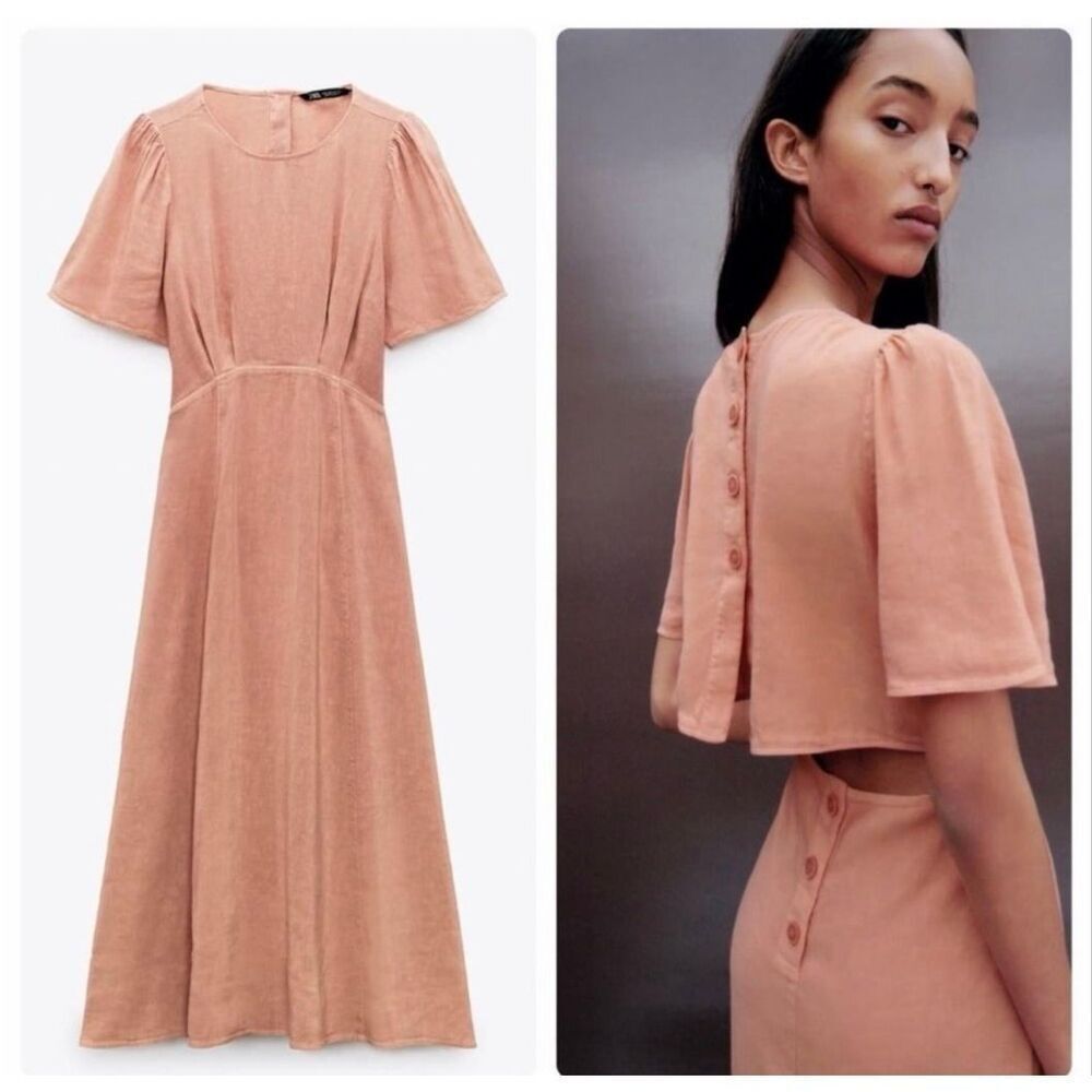 Abercrombie & Fitch Short Sleeve Peach Orange Midi Linen Dress Button Cut Out XS